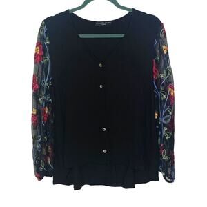 Kim & Cami Black Button Up Knit Top Net Sleeve Embroidery Floral, Size M